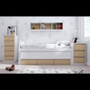 Cama compacta con 3 cajones. Lacada en blanco y roble.